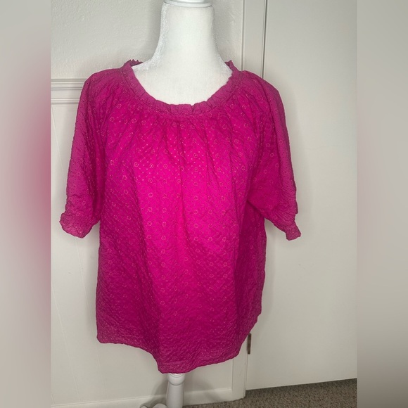 Loft Fuchsia Pink Eyelet Ruffle Top size L - Picture 2 of 11